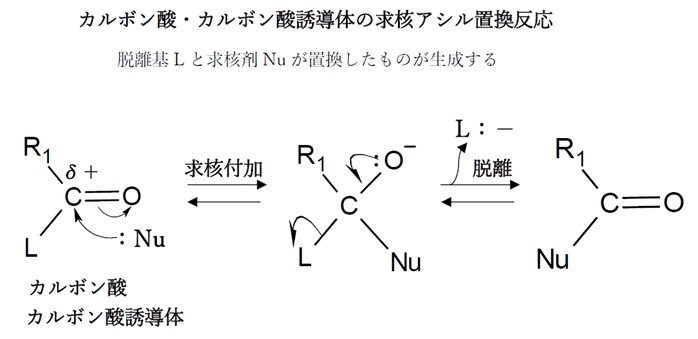 カルボン酸・カルボン酸誘導体の求核アシル置換反応の反応機構の概要